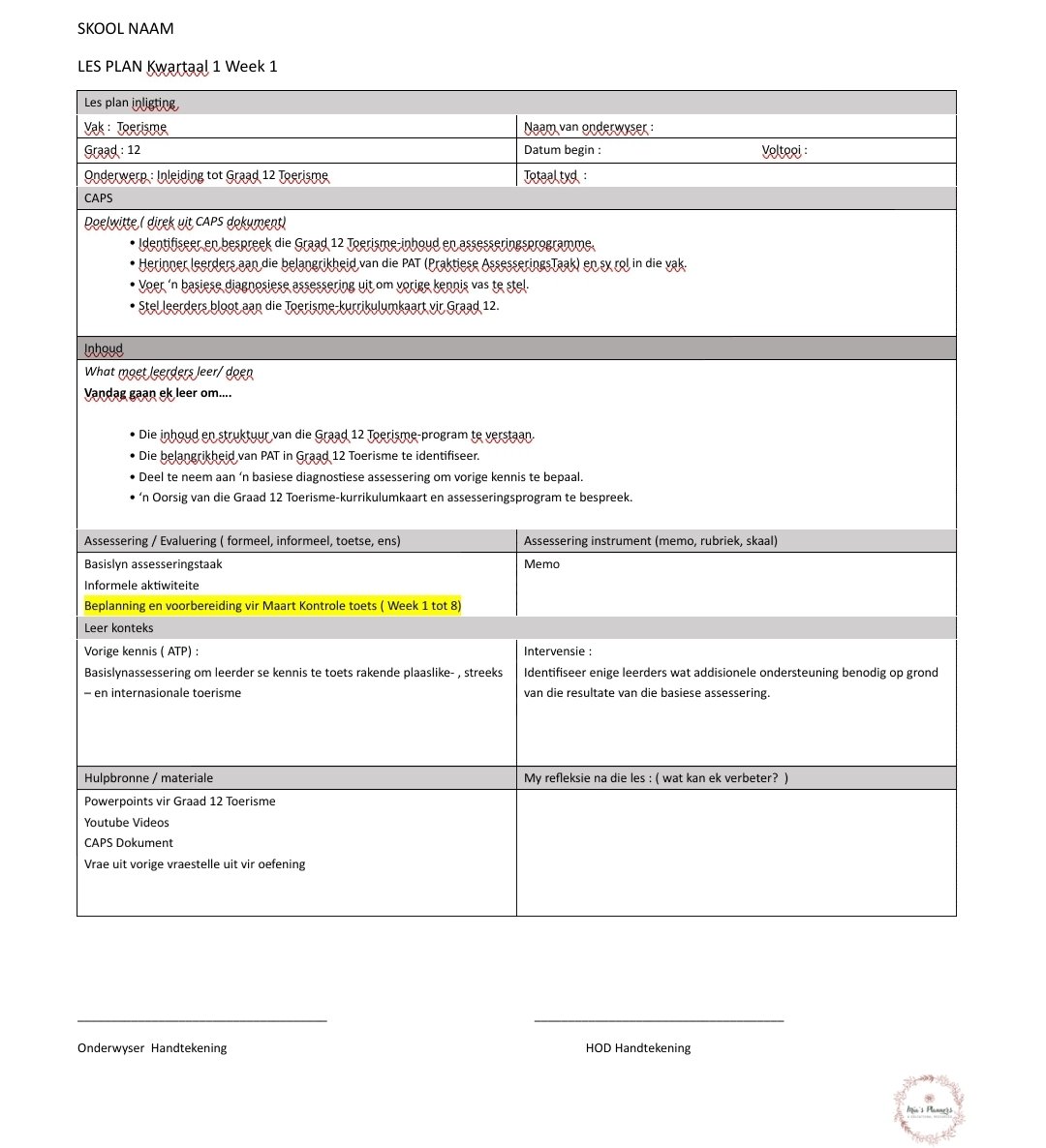 Graad 12 Toerisme Lesplanne