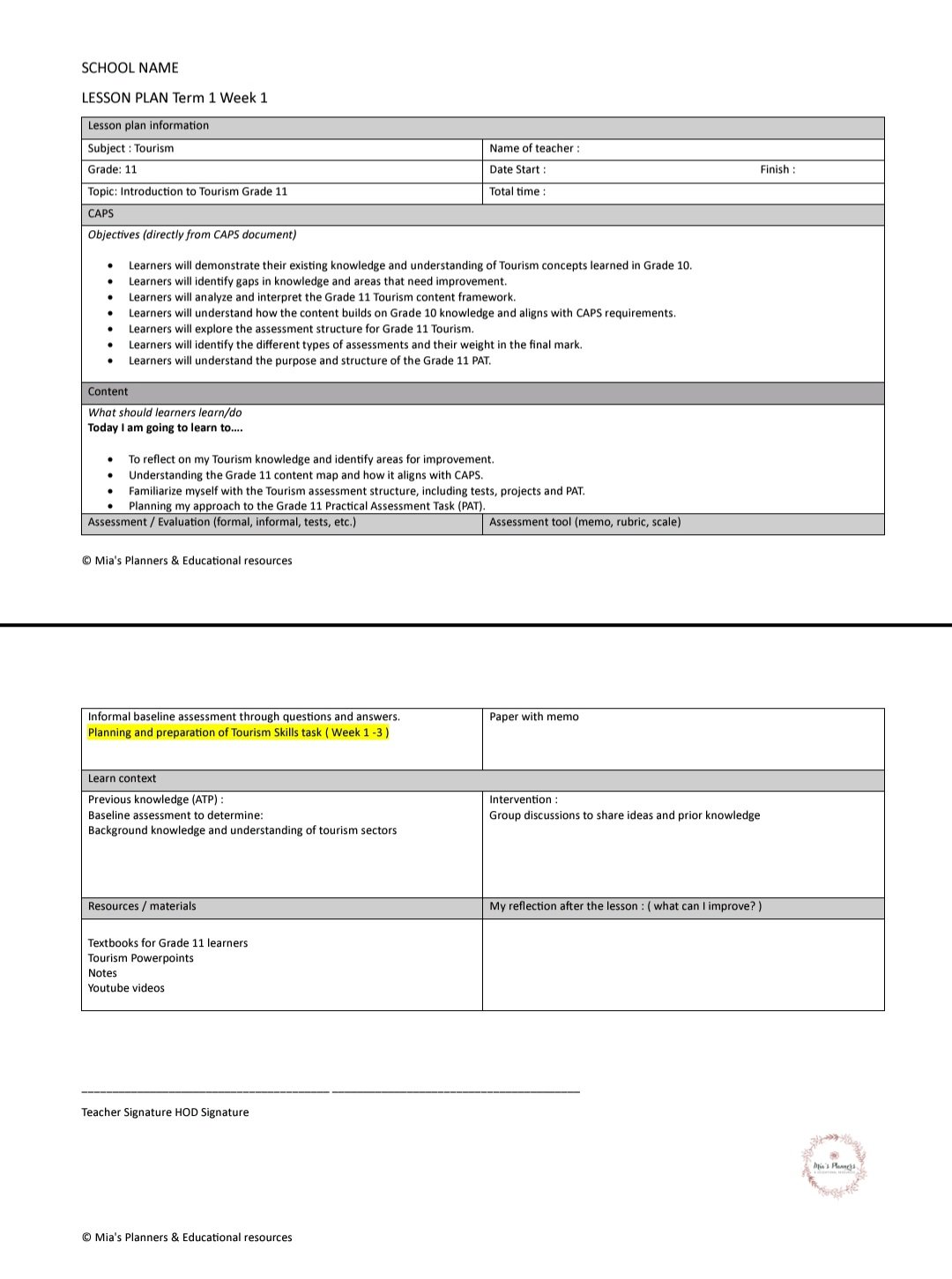 Grade 11 Tourism Lesson plans