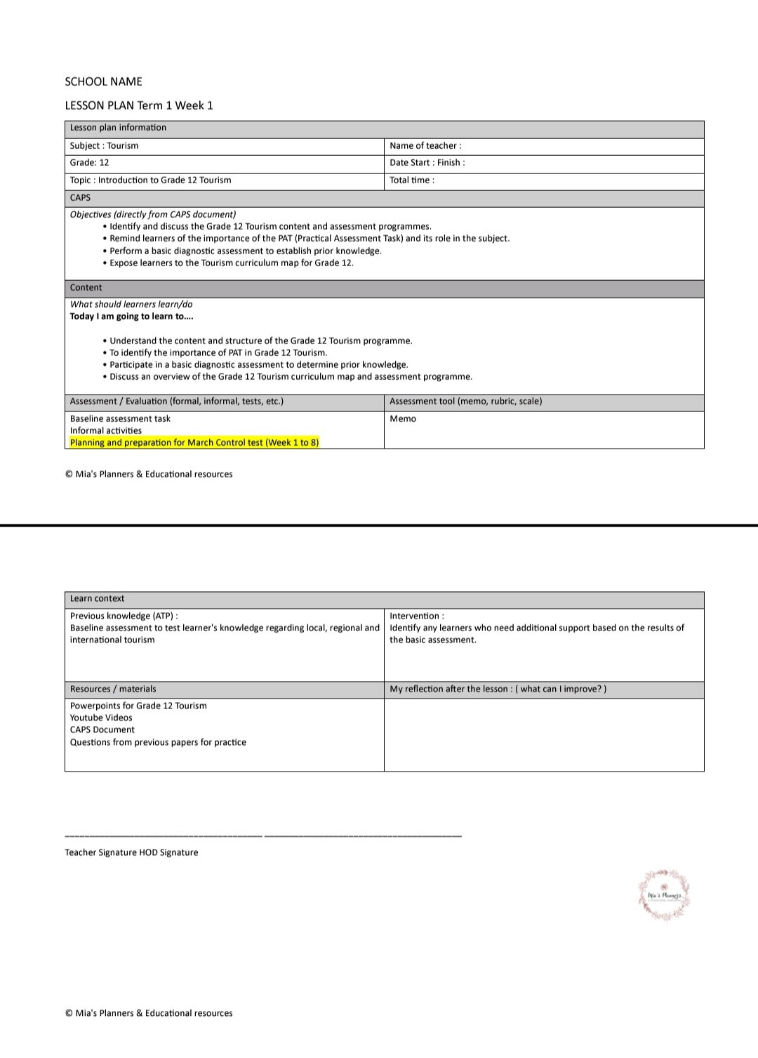 Grade 12 Tourism lesson plans