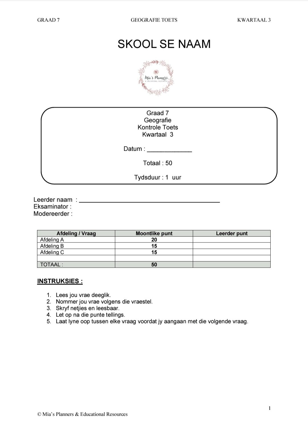 Graad 7 Geografie Toets Kwartaal 3