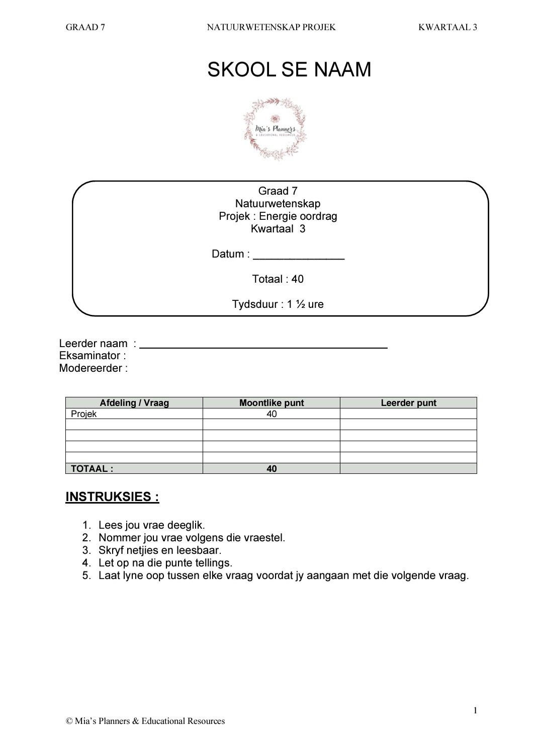 Graad 7 Natuurwetenskap Projek Kwartaal 3